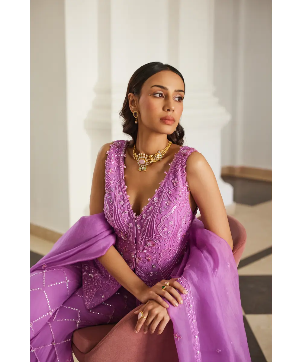 SANYA GULATI- Bubblegum Pink Tonal  Peplum Sharara